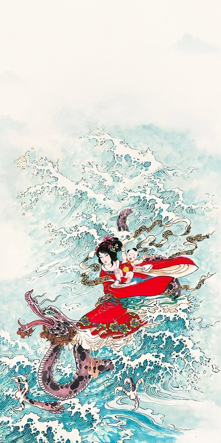 Woman in red kimono riding serpent in stormy waters art wallpapers iPhone 4K
