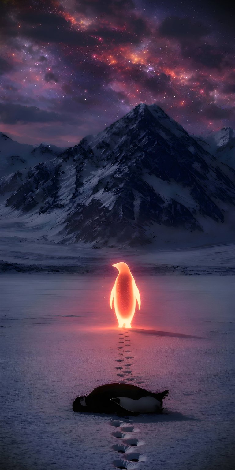 Experience the surreal beauty of this glowing penguin wallpaper featuring a snowy mountain peak and cinematic light trails. This 3D mobile wallpaper uses atmospheric depth and cosmic sky textures to create a unique aesthetic for any iPhone user.