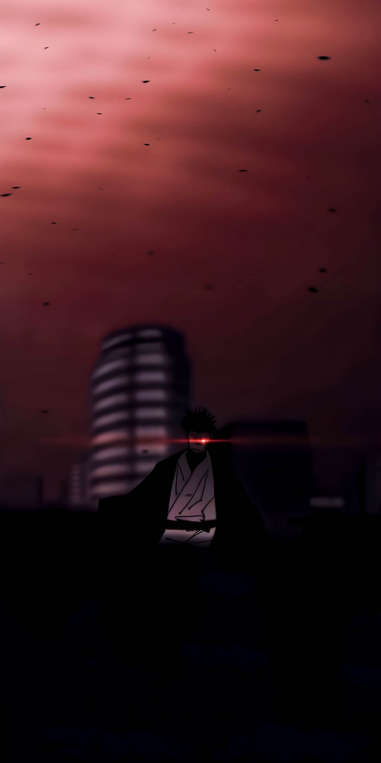 Suguru Geto anime wallpaper presented as an aesthetic wallpapers style wallpaper for iPhone, centered on a dark cinematic city scene. This wallpaper features deep red skies, heavy shadow lighting, and an ominous, powerful mood with strong depth.