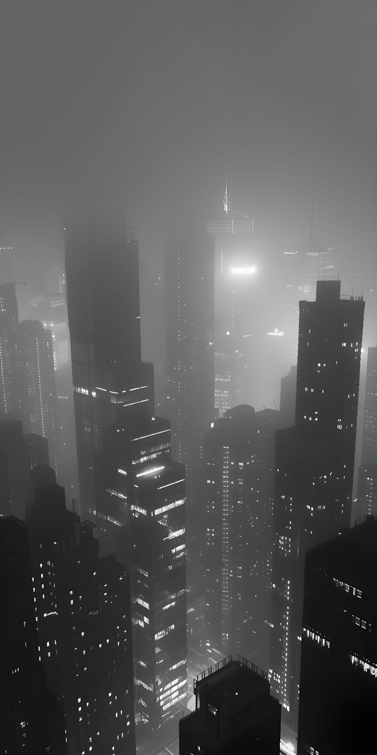 Download this captivating 4K wallpaper for your iPhone, showcasing a grayscale cityscape shrouded in fog. The wallpaper features the glow of skyscraper windows and the silhouette of a central communications tower.