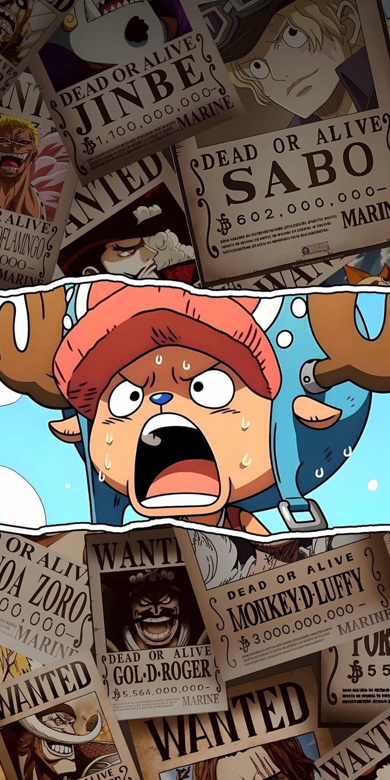 Get the Straw Hat crew look with this Tony Tony Chopper 4K wallpaper featuring vintage paper textures and a collage of wanted posters. This mobile wallpaper is a must-have for One Piece fans looking for a detailed, high-resolution iPhone background.