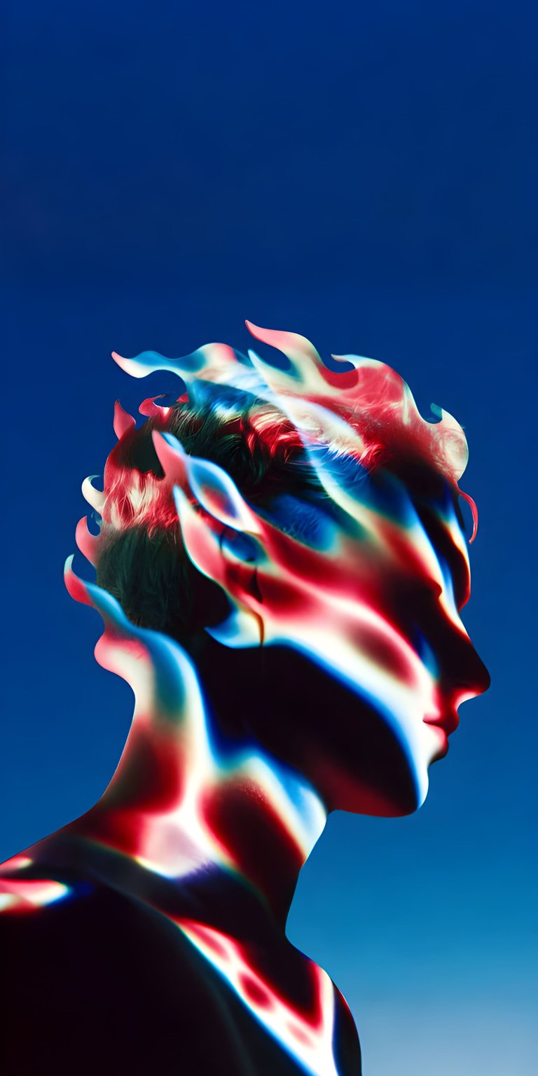 A striking profile silhouette of a human head rendered in a vibrant thermal heat-map style. Glowing reds, icy blues, and brilliant whites flow together in a fluid, psychedelic pattern. This "Vaporwave" and "Cyberpunk" inspired piece uses high-contrast colors to make your display pop with modern digital energy.