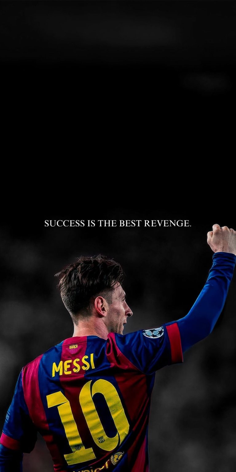 This 4K OLED wallpapers design features Lionel Messi celebrating for your iPhone. The wallpaper showcases a deep black background contrasted with a vibrant Barcelona kit and motivational white text.