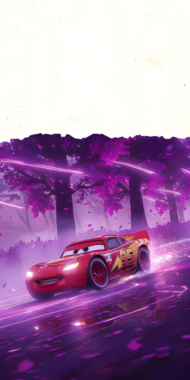 A vibrant Lightning McQueen 4K wallpaper featuring a stylized neon purple forest and cinematic rain reflections. This aesthetic wallpaper is perfectly optimized for an iPhone lock screen, highlighting deep magenta tones and high-speed motion effects.