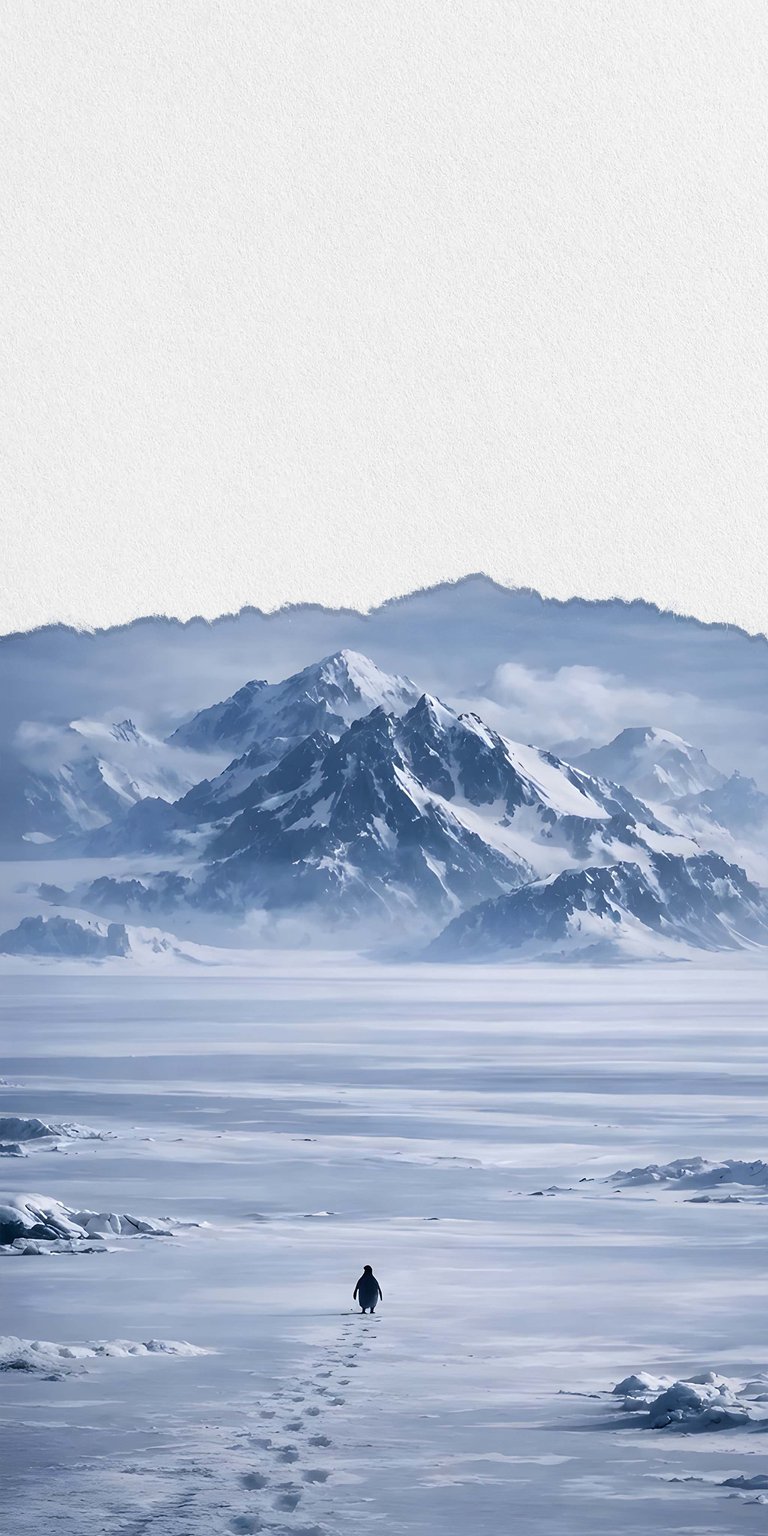Download this 4K wallpaper featuring a solitary penguin wandering through the vast, desolate expanse of an Antarctic glacier. This mobile wallpaper utilizes a minimalist depth effect and cold cinematic textures to capture the isolated, nihilistic atmosphere of the frozen continent.