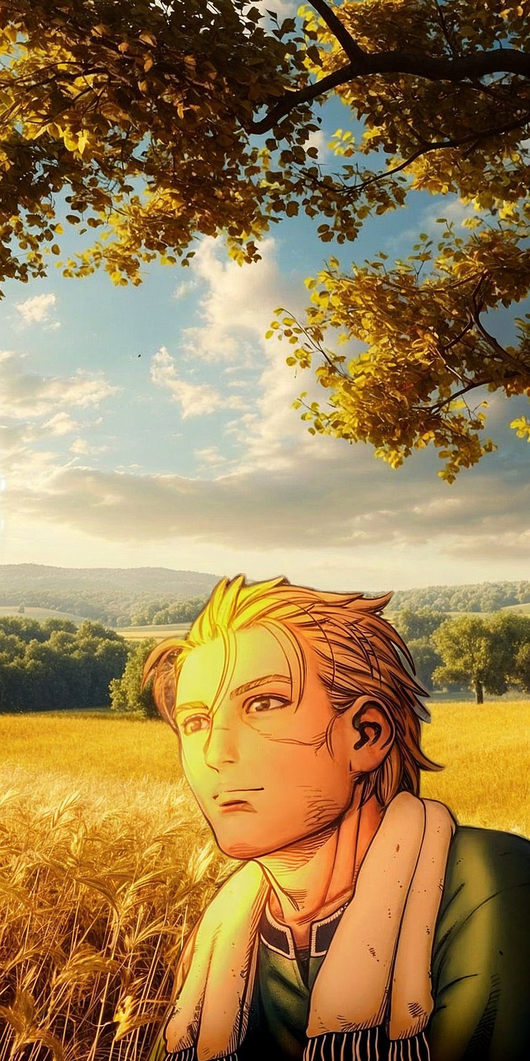 Download this stunning Casca 4K wallpaper for your iPhone, showcasing the character amidst a golden wheat field under a tree with leaves of gold. This wallpaper brings to life the serene scene with detailed linework.