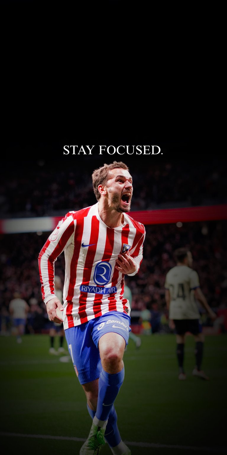This high-contrast Antoine Griezmann 4K wallpaper features the footballer in his iconic red and white striped kit against a deep black background. Optimized for iPhone, this OLED / AMOLED wallpaper highlights intense lighting and a focused, cinematic mood for your mobile screen.
