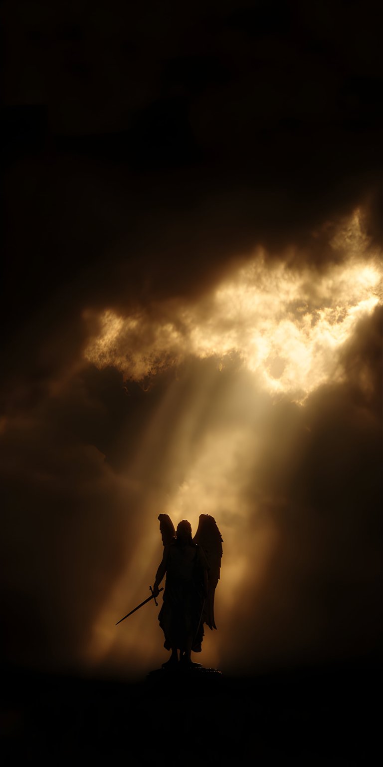 Download this striking Angel 4K wallpaper for your iPhone, featuring a winged statue silhouetted against dramatic clouds. The light streams down on the angel, who stands with a sword held high.