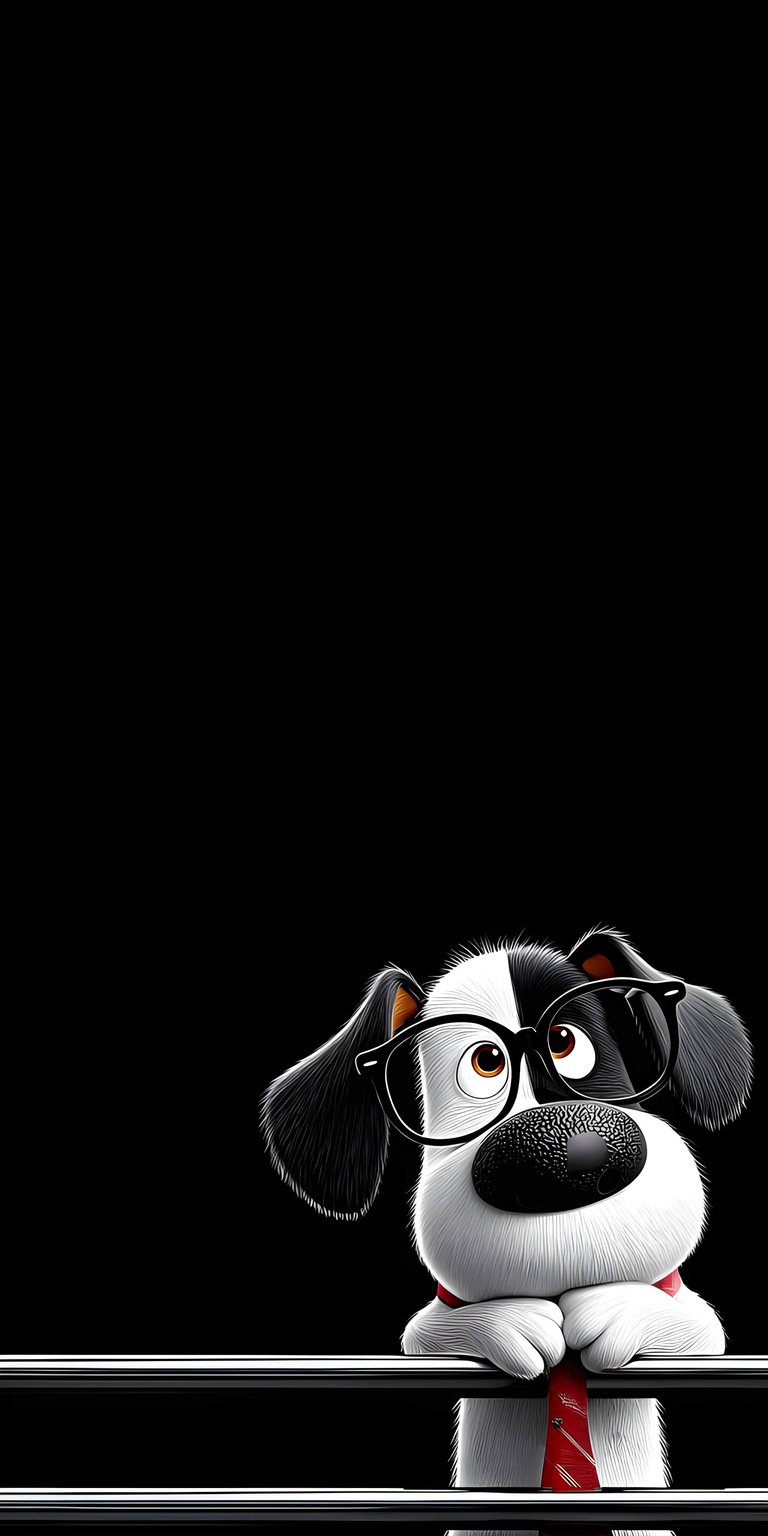 This crisp 4K wallpaper features a charming cartoon dog wearing glasses and a red tie against a deep black background. Optimized as an OLED / AMOLED wallpaper, this high-contrast image is perfect for an iPhone lock screen.