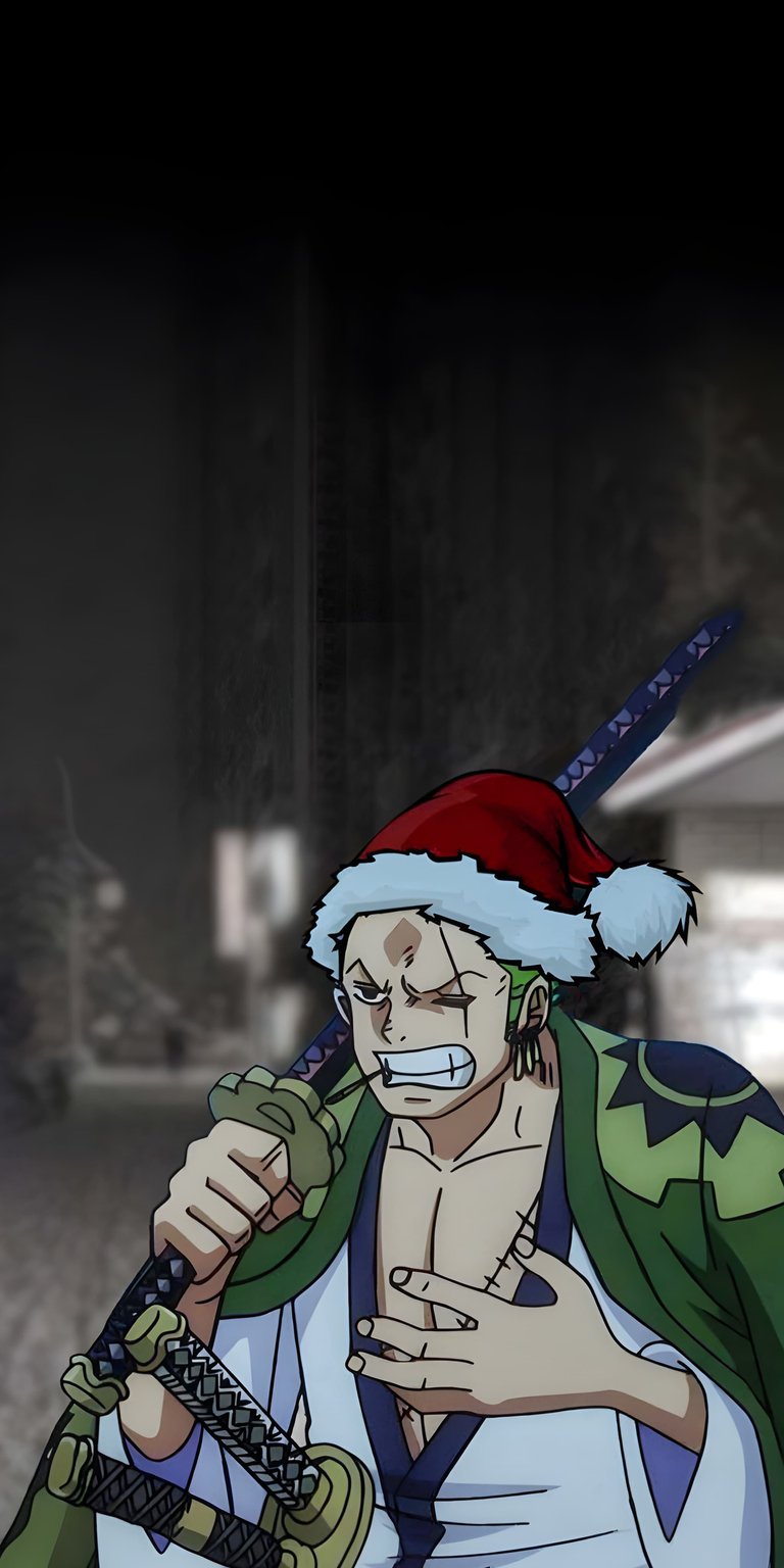Download this Zoro 4K wallpaper for your iPhone, featuring the character in a Santa hat with a toothpick in his mouth and swords across his back. This festive wallpaper will bring holiday cheer to your device.