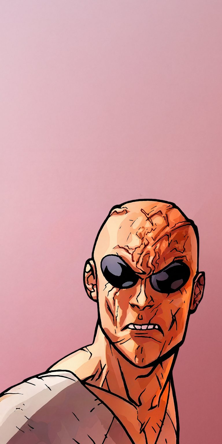 Invincible Variant portrait wallpaper designed as an aesthetic wallpapers style wallpaper for iPhone, focused on a dramatic illustrated close-up. This wallpaper features warm orange tones, sharp comic line work, and an intense, battle-worn mood with strong depth.