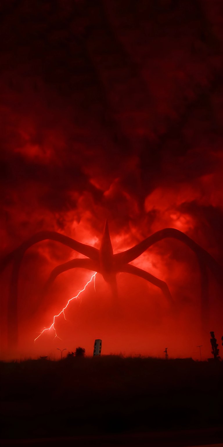 Download this striking Mind Flayer 4K wallpaper for your iPhone, featuring a menacing creature with a spiky head and multiple tendrils. This stunning wallpaper also showcases a vivid lightning bolt and blood-red skies, perfect for any Stranger Things fan.