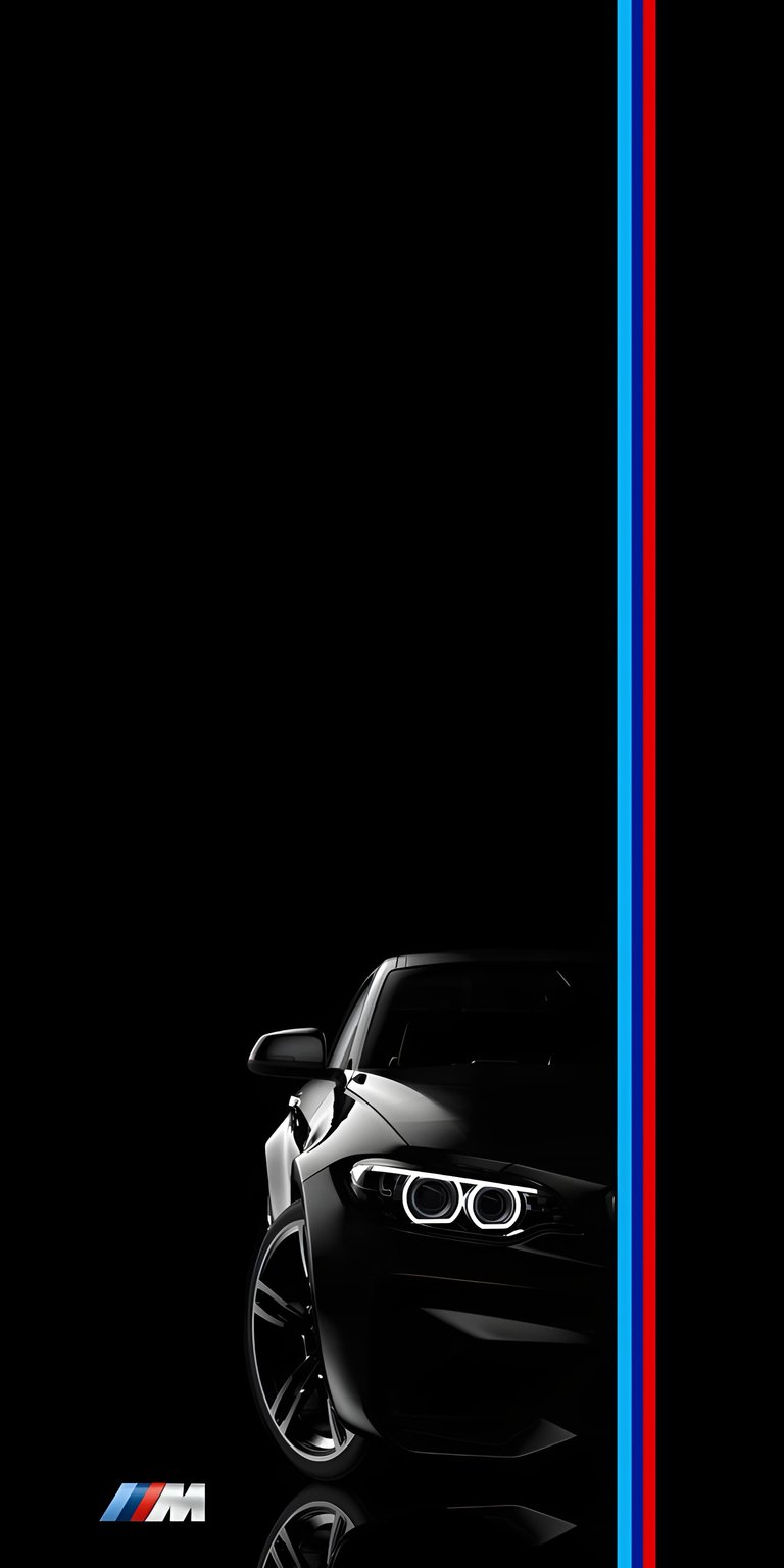 This high-contrast wallpaper features a sleek BMW M series car emerging from deep shadows, perfect for saving battery on your iPhone. This OLED wallpaper utilizes a pitch-black background accented by iconic M-stripe colors and glowing circular headlights for a moody, sophisticated look.