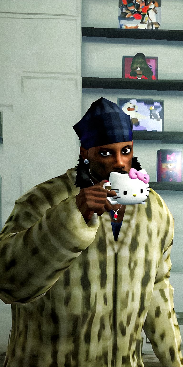 Playboi Carti PS2 Art holding a hello kitty cup wallpaper
