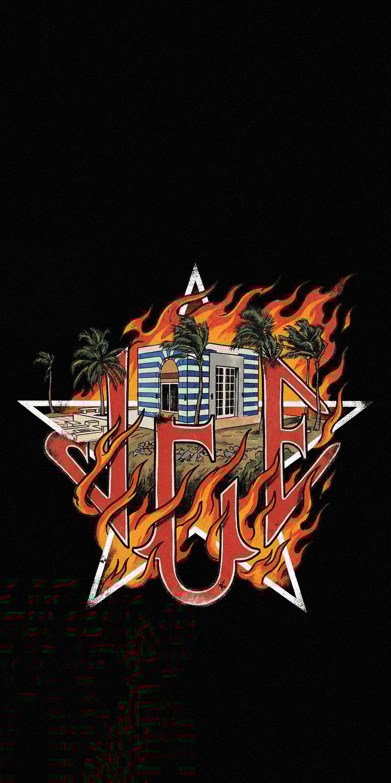 Get this flaming Jeffrey Epstein Island Logo wallpaper for your iPhone in stunning 4K. Notice the palm trees surrounding the blue-striped house, which is encompassed by the logo.