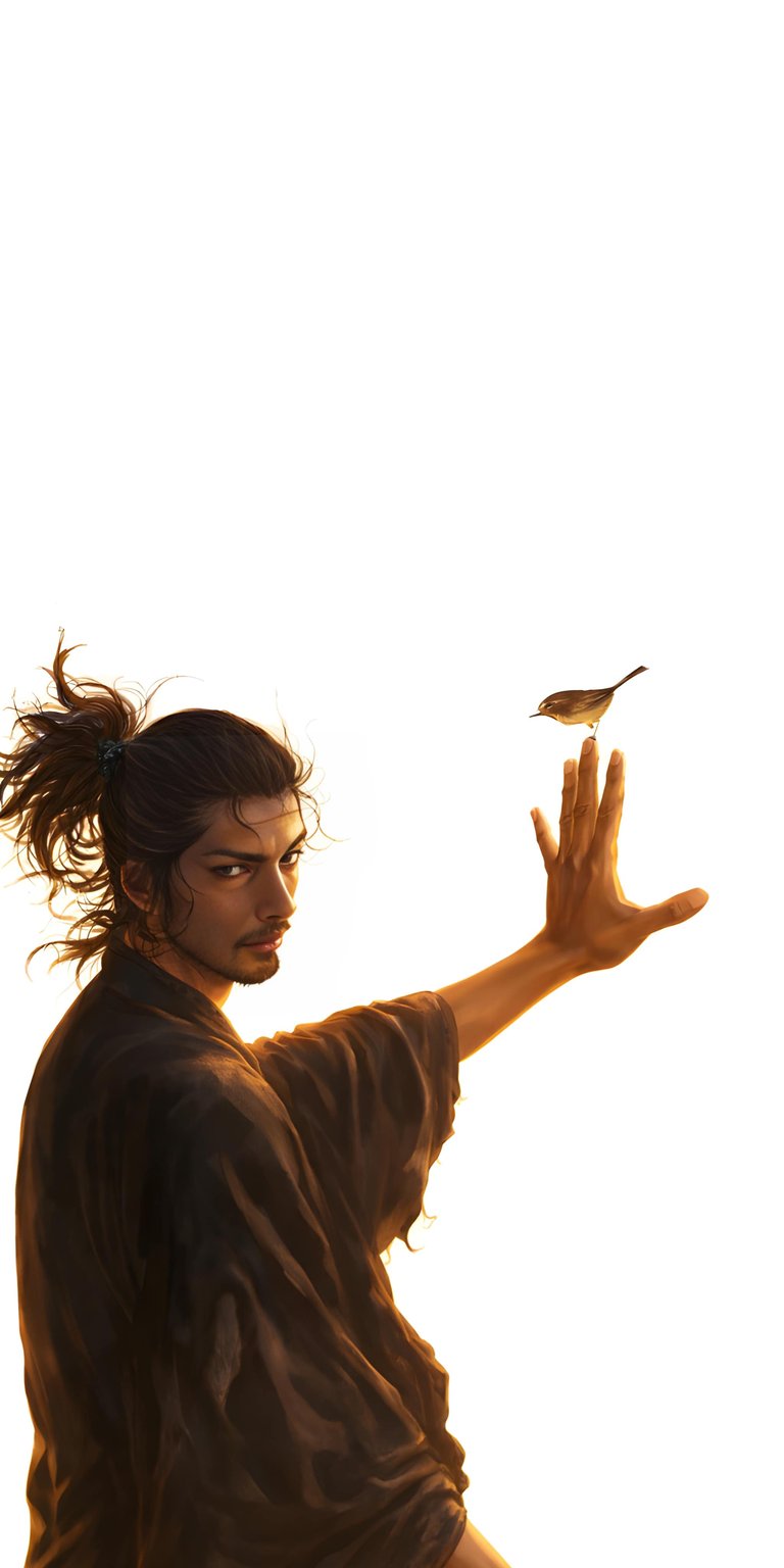 Download this captivating Miyamoto Musashi 4K wallpaper for your iPhone, showcasing a bird perched delicately on his outstretched hand. The wallpaper features Musashi with his hair in a high ponytail and wearing a flowing brown robe.