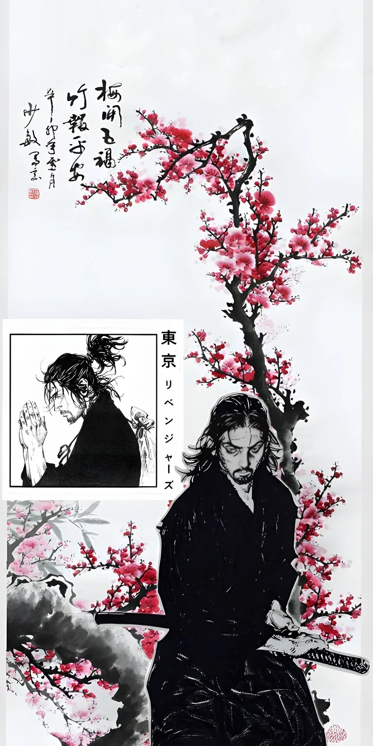 Download this stunning Miyamoto Musashi 4K wallpaper for your iPhone, featuring the iconic swordsman amidst delicate pink blossoms and intricate calligraphy. This wallpaper showcases Musashi with long hair holding a sword, as well as a profile sketch with his hands clasped in prayer.