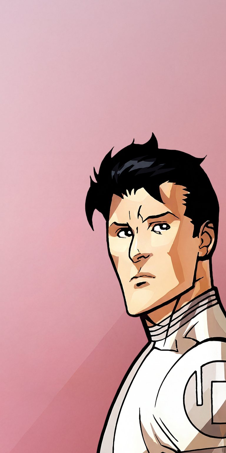 Mark Grayson portrait wallpaper presented as an aesthetic wallpapers style wallpaper for iPhone, focused on a clean illustrated character close-up. This wallpaper features soft pink background tones, flat comic lighting, and a serious, determined mood with clear depth.