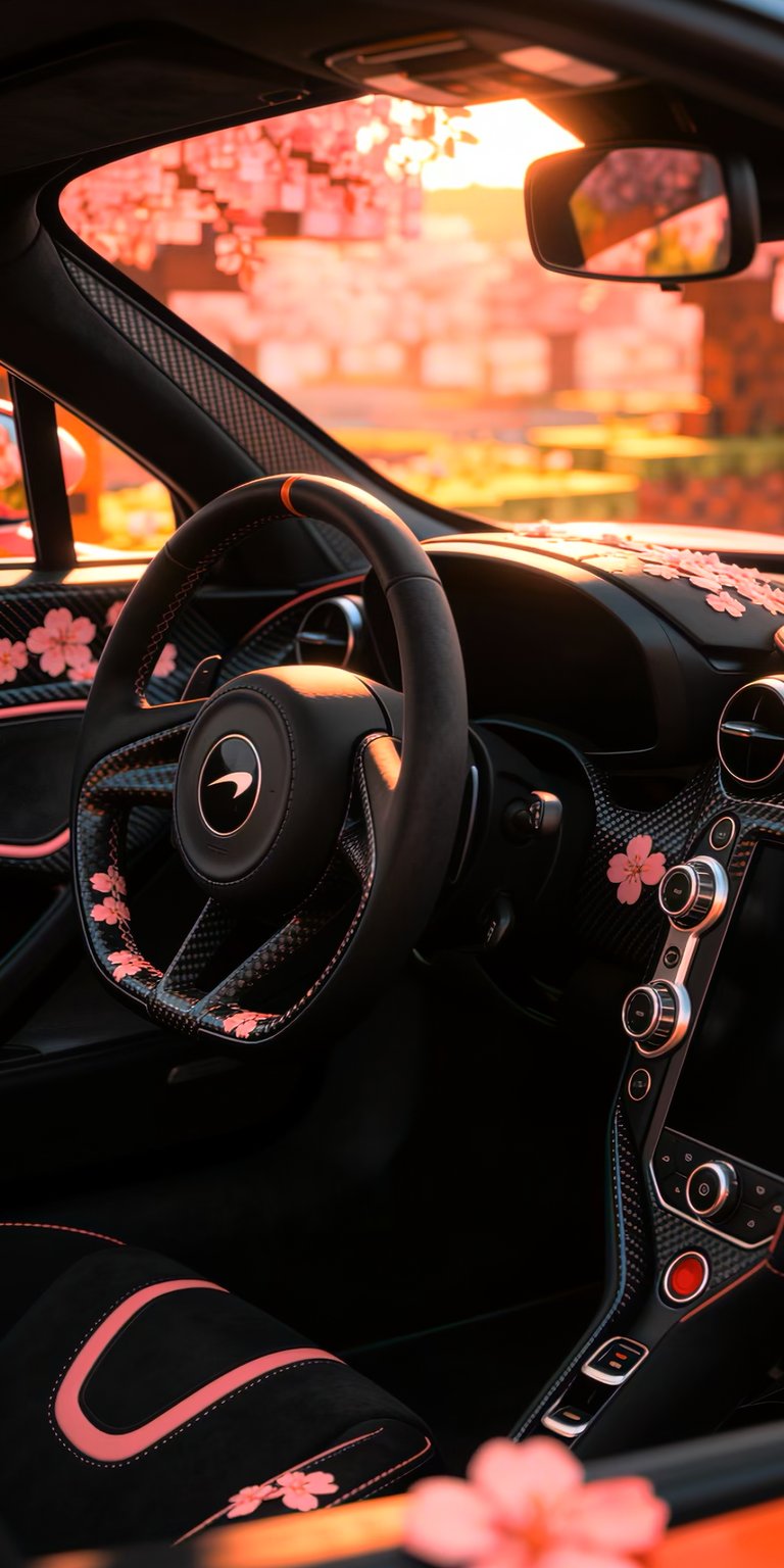 An immersive interior view of a McLaren 720S cabin, customized with delicate cherry blossom petals scattered across the dashboard and steering wheel. The view through the windshield reveals a dreamy, block-style Sakura forest at dusk. This wallpaper emphasizes the tactile luxury of carbon fiber and Alcantara paired with a soft, romanticized floral theme.