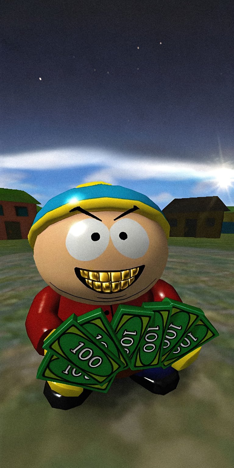 Get this awesome Cartman wallpaper for your iPhone in 4K resolution! This wallpaper features Eric Cartman grinning with gold teeth and holding a stack of hundreds in front of a bright sky.