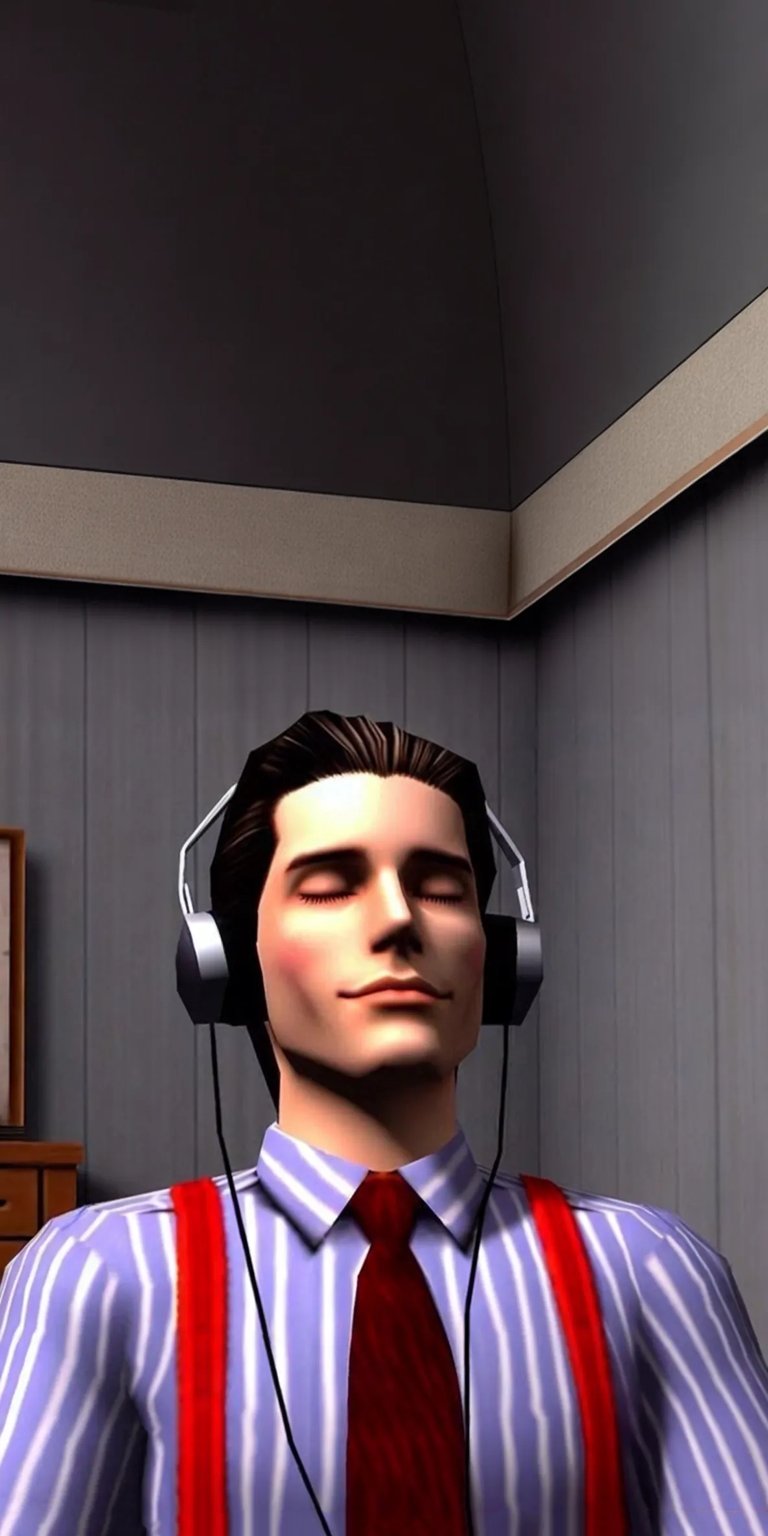 Get this Patrick Bateman 4K wallpaper for your iPhone, featuring his signature red tie, suspenders, and serene pose while listening to music. This wallpaper brings a touch of American Psycho to your phone's display.