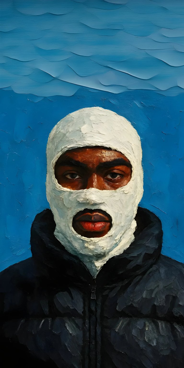Get this unique Ski Mask 4K wallpaper for your iPhone, showcasing the artist's vivid red lips and a stark white mask against a textured blue background. This wallpaper captures the intense gaze of the figure and the heavy, brushstroke style.