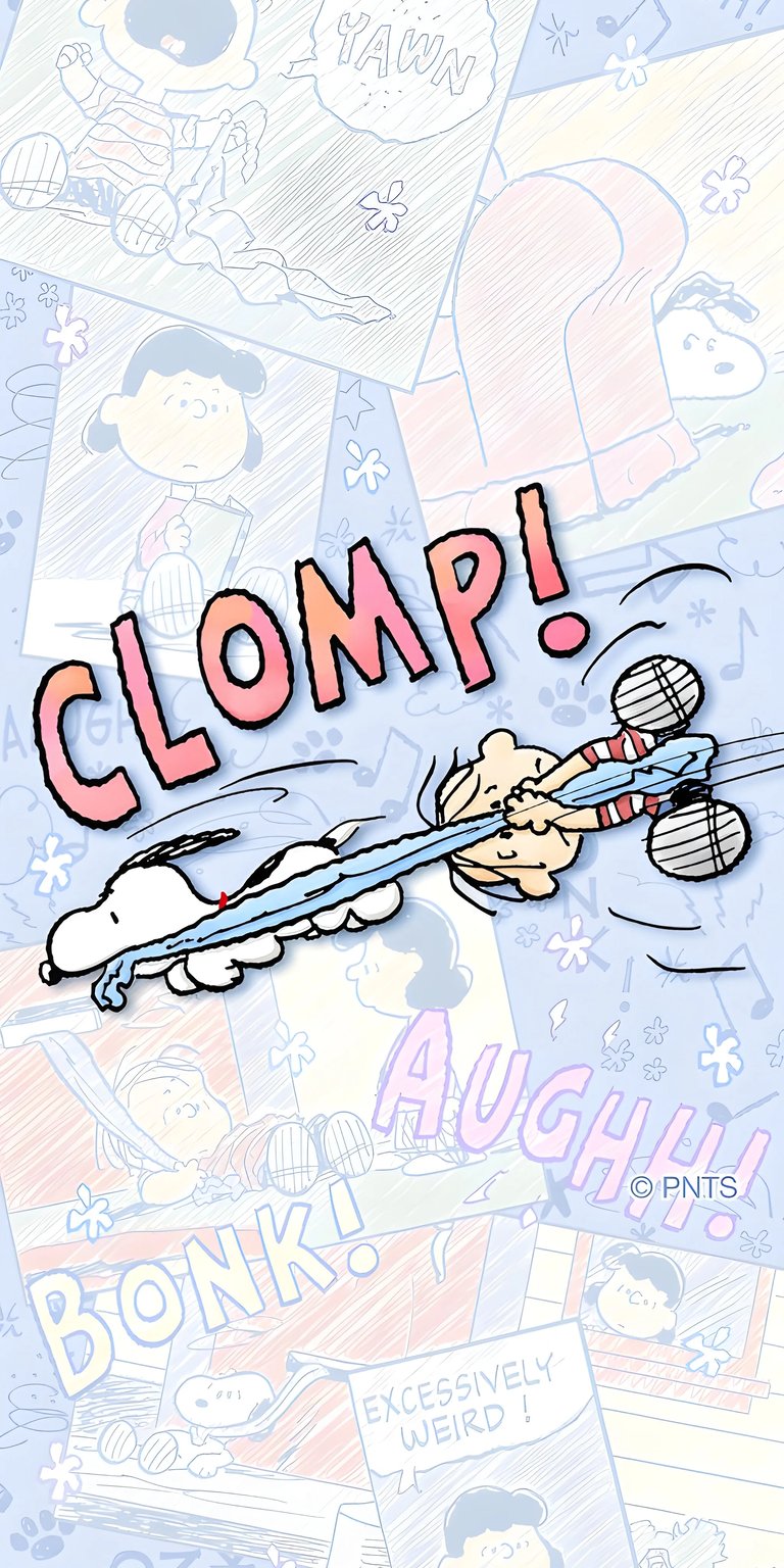 This 4K wallpaper features Snoopy pulling Lucy's blanket, with the word "CLOMP!" vividly displayed; it is the perfect Snoopy wallpaper for your iPhone. The background shows various Peanuts comic scenes, including Lucy with a book and other characters expressing humorous outbursts.