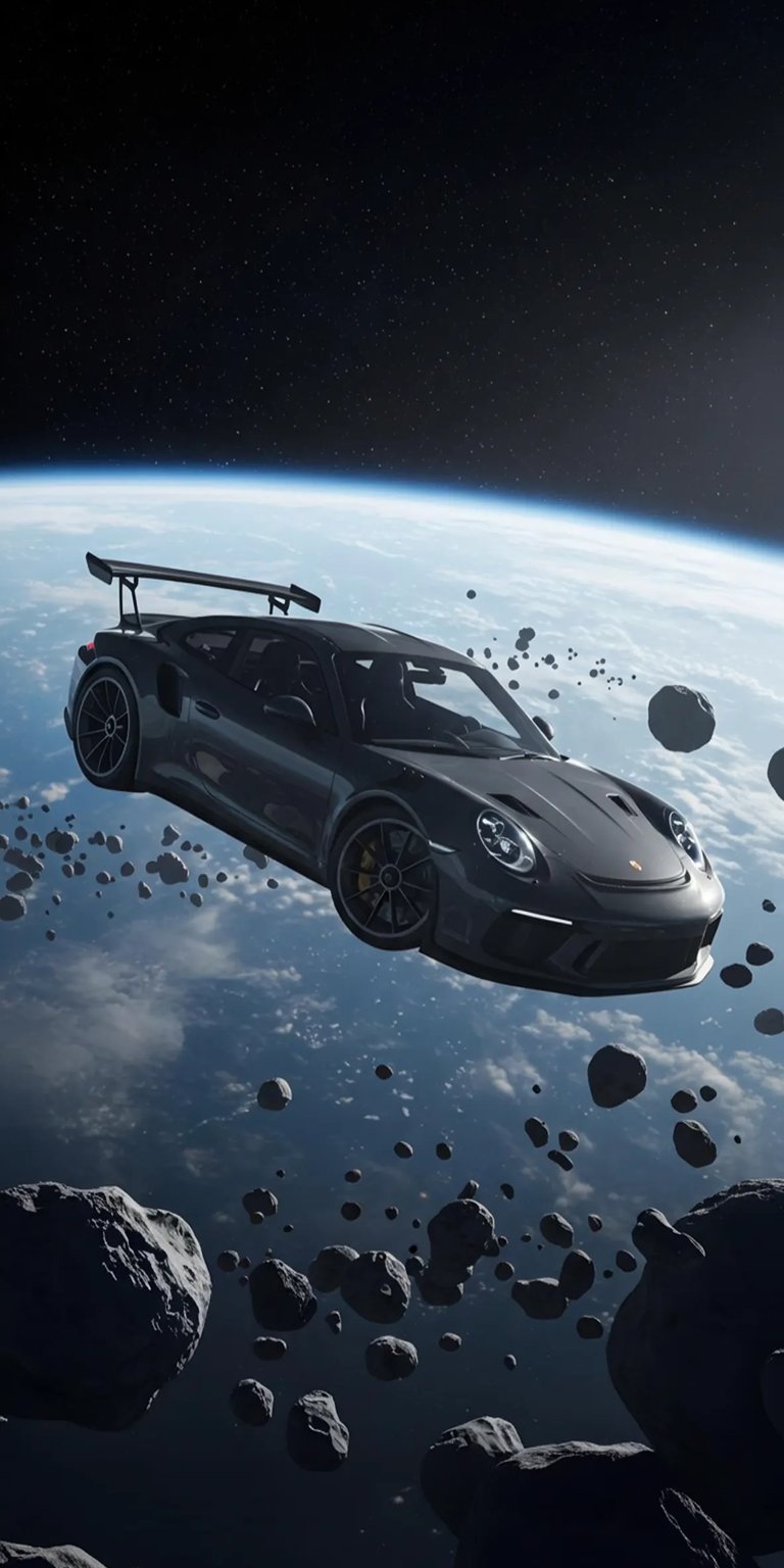 Download this sleek Porsche wallpaper in stunning 4K resolution for your iPhone. Floating against a backdrop of Earth and asteroids, this wallpaper features a black car with a large spoiler.