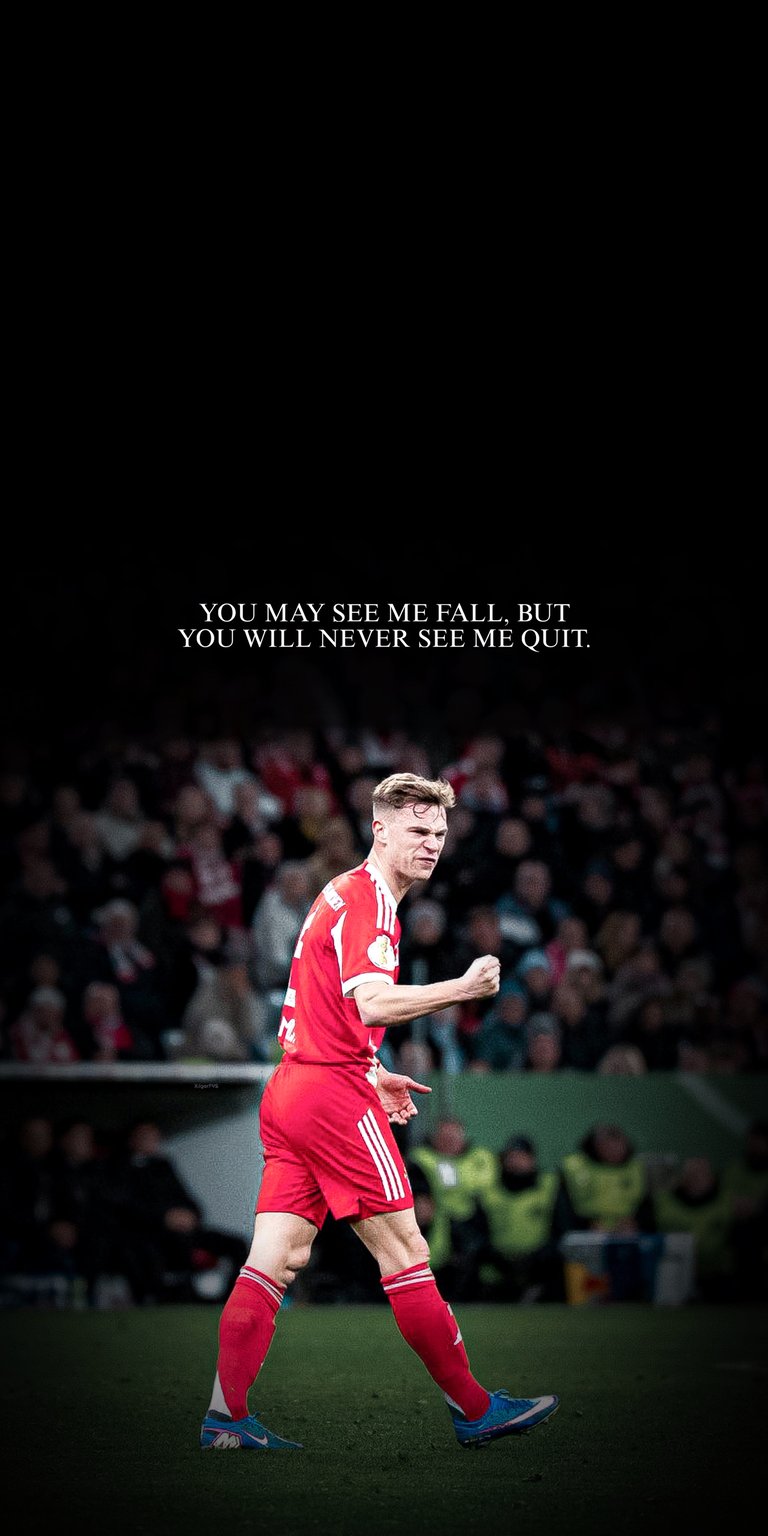 This high-contrast 4K static wallpaper features Joshua Kimmich in a determined stance against a deep black background. Perfect for an iPhone lock screen, this OLED / AMOLED wallpaper highlights vibrant red team colors and sharp white typography for a clean, professional look.