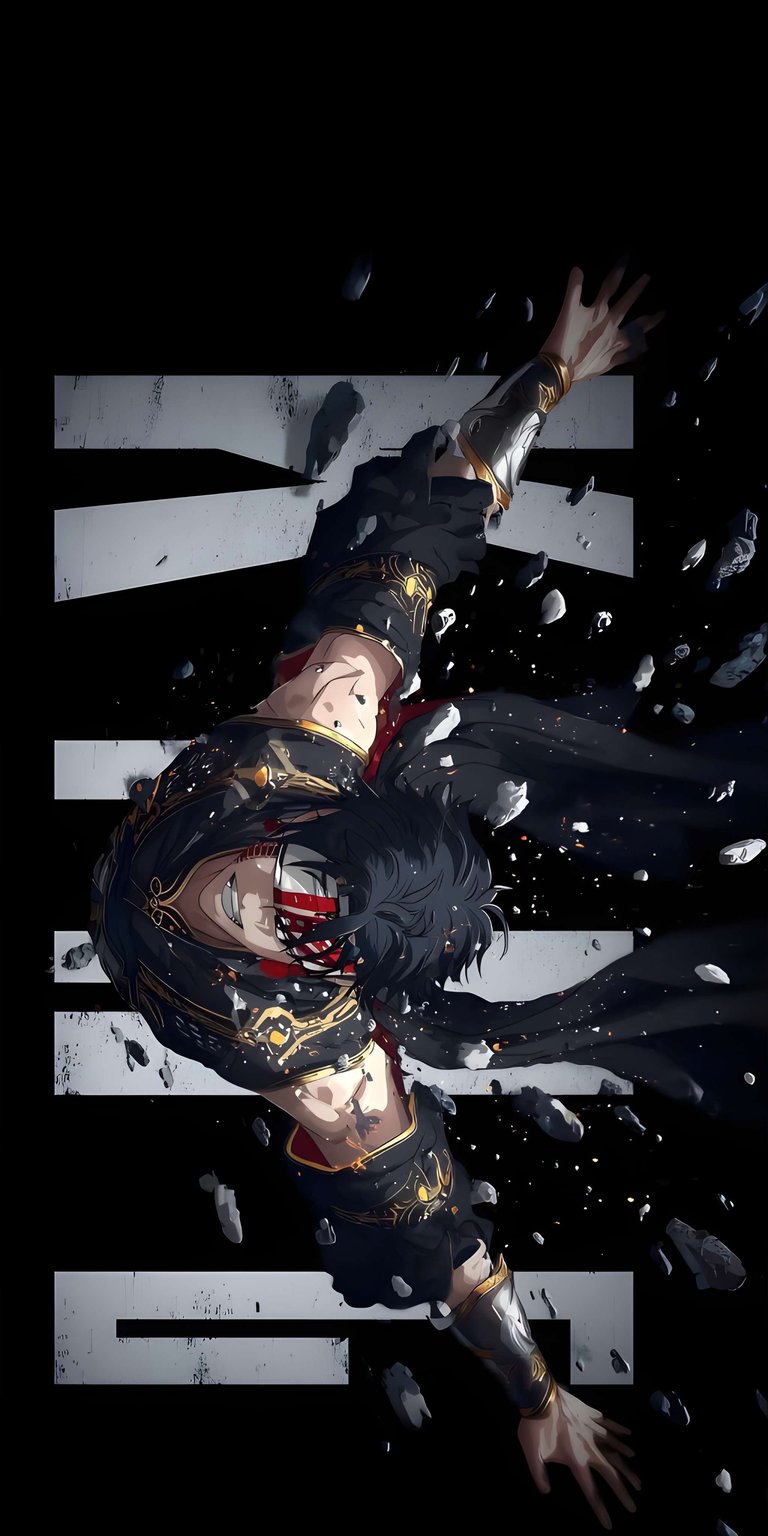 Download this striking Lelouch 4K wallpaper for your iPhone, showcasing his distinctive red eye and ornate gold-trimmed attire. This wallpaper features floating debris and a dynamic composition against a bold, abstract background.