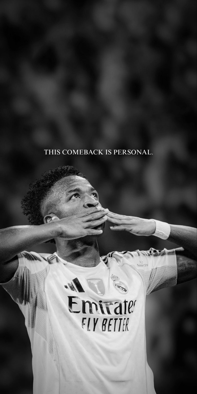 Celebrate the flair of Vini Jr. with this sleek Real Madrid wallpaper. Featuring the iconic "This Comeback Is Personal" typography, this black-and-white edit highlights the Brazilian star in his classic Los Blancos kit. A must-have for Madridistas and fans of world-class football talent.
