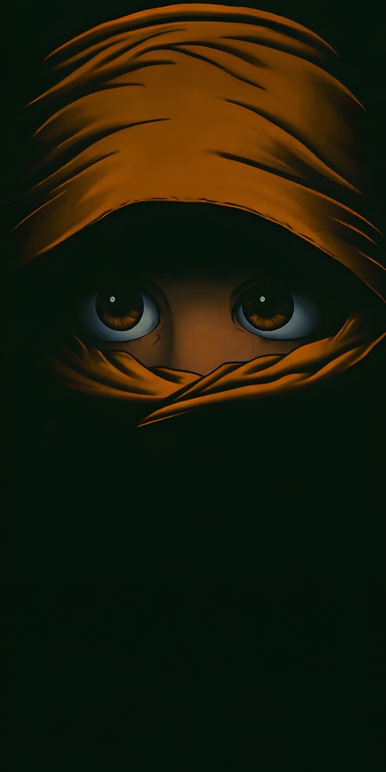 An expressive aesthetic wallpaper focusing on a character's eyes peering from behind an orange cloth. This dark wallpaper creates a mysterious and moody atmosphere for your iPhone.