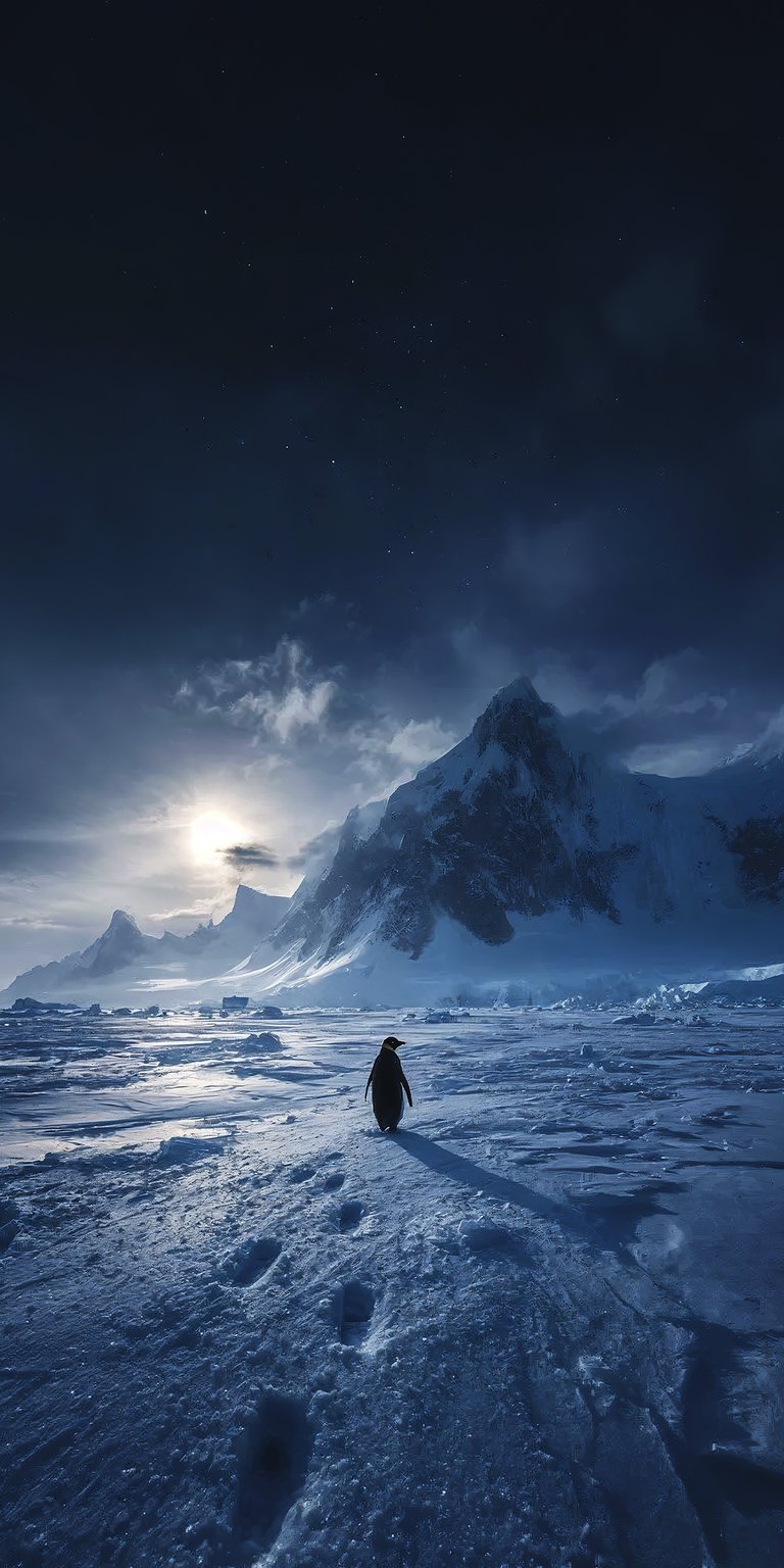 This high-quality penguin wallpaper features a solitary figure against cinematic snowy peaks in 4K resolution. Elevate your iPhone or mobile lock screen with this nature-focused wallpaper showcasing icy textures and atmospheric lighting.
