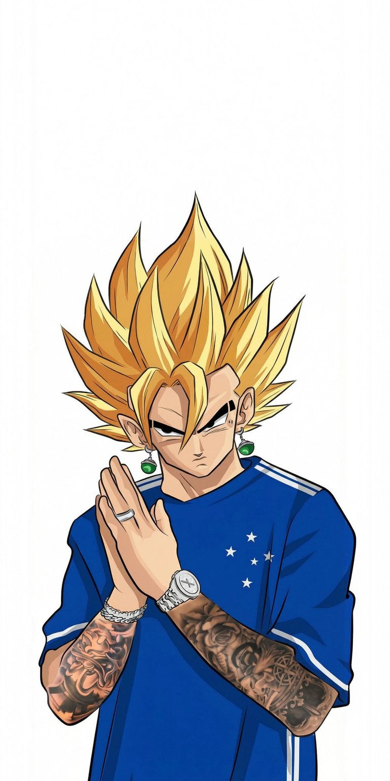 This high-quality Super Saiyan Vegito 4K wallpaper features the fused warrior in a custom blue jersey with intricate arm tattoos. Enhance your iPhone with this bold aesthetic wallpaper that combines iconic anime power with modern streetwear style.