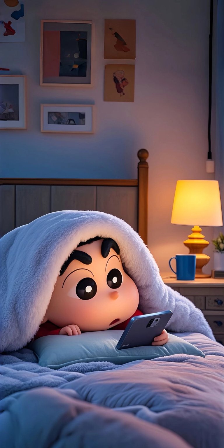Download this heartwarming Shinchan wallpaper in stunning 4K for your iPhone, showcasing him under a fluffy blanket with a smartphone. The wallpaper also captures the warm glow of a bedside lamp and framed pictures on the wall.