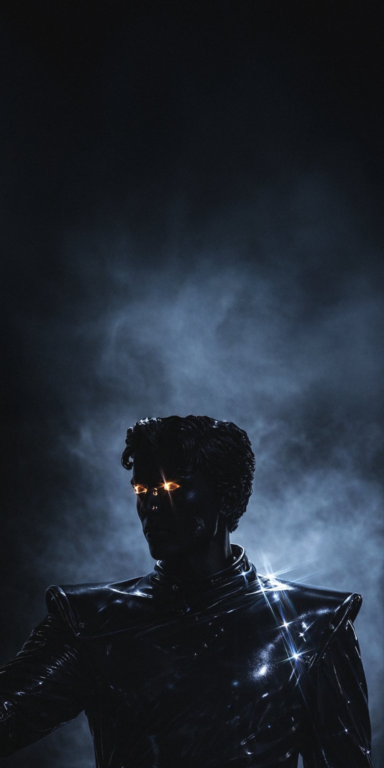Gesaffelstein wallpaper designed for iPhone, featuring a dark chrome figure with glowing amber eyes and cinematic lighting. This Aesthetic wallpapers style wallpaper delivers a moody, high-contrast wallpaper with deep shadows and dramatic depth.