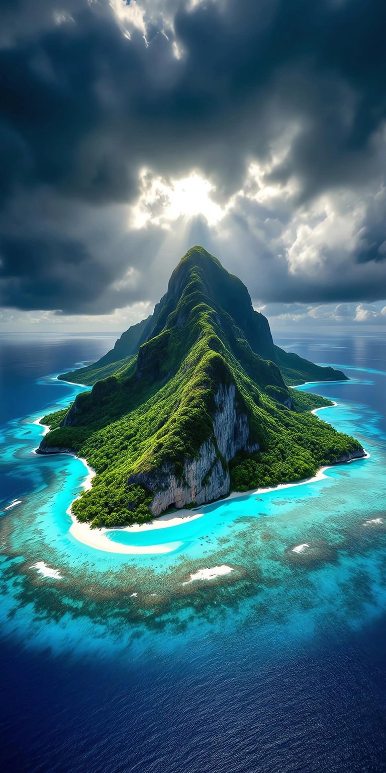 Download this stunning Island Peak 4K wallpaper for your iPhone, showcasing a lush green mountain rising from turquoise waters. The bright sun rays break through dark, moody clouds, creating a picturesque tropical island wallpaper.