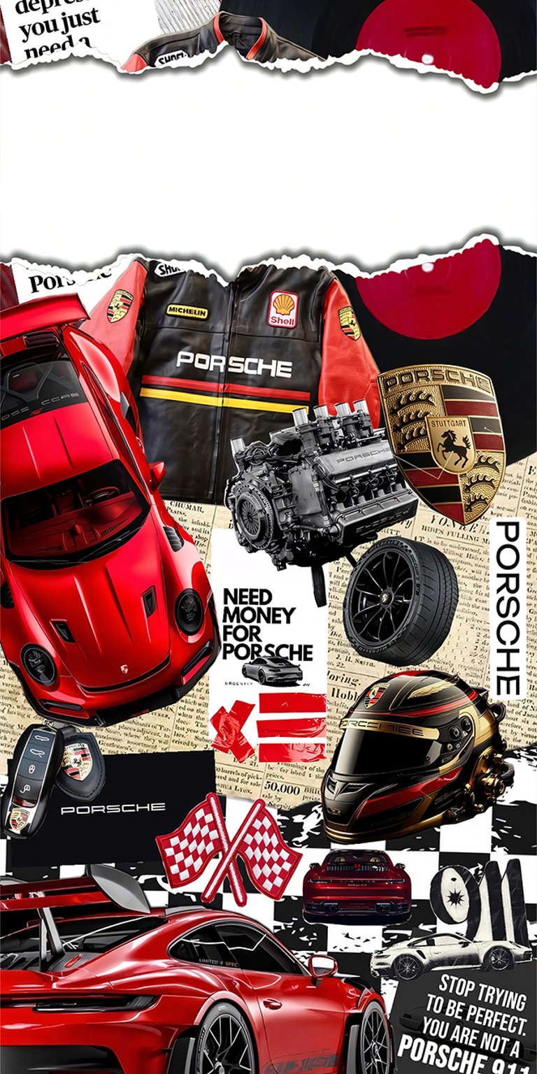 A high-octane tribute to German engineering, this collage wallpaper is a dream for Porsche enthusiasts. It features various angles of the red Porsche 911 GT3, mechanical engine components, racing helmets, and checkered flags. The "scrapbook" style includes typography like "Need Money for Porsche," capturing the raw passion of car culture in a 4K vertical layout.