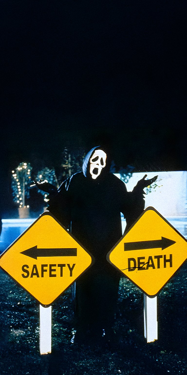 Scream ghost face with safety and death arrow sign wallpapers