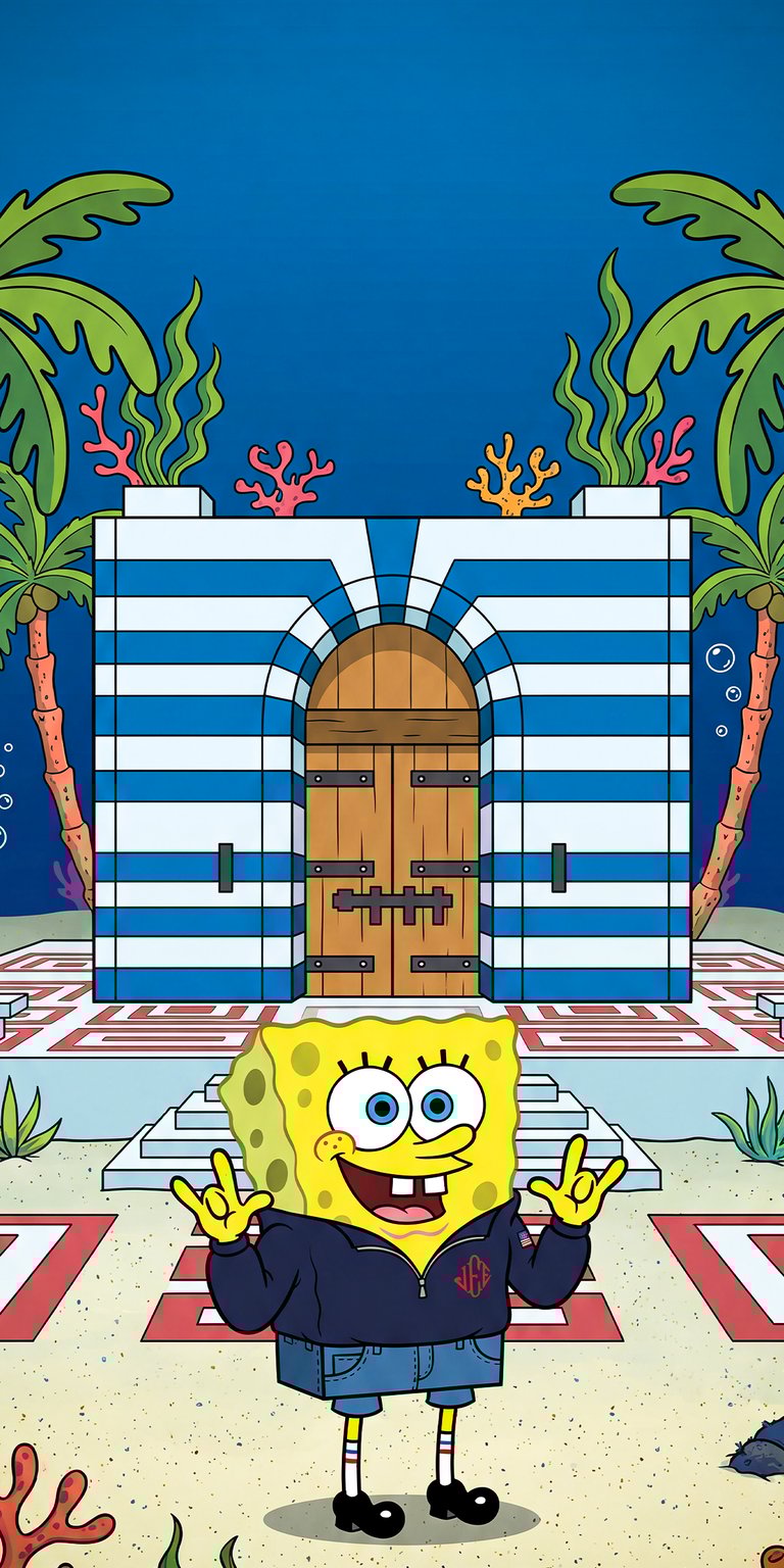 This aesthetic wallpaper features a stylized Spongebob Squarepants posing in front of a blue and white striped temple on an island. Designed for iPhone, the wallpaper uses vibrant tropical colors and a clean illustrative art style to create a unique, high-contrast look for your mobile background.