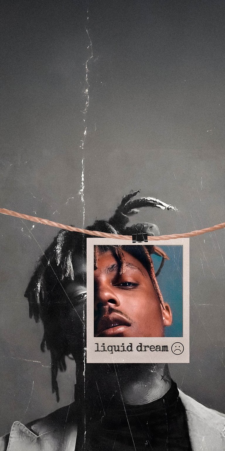 Juicewrld portrait with polaroid design and a tag of liquid dream sad face icon wallpapers