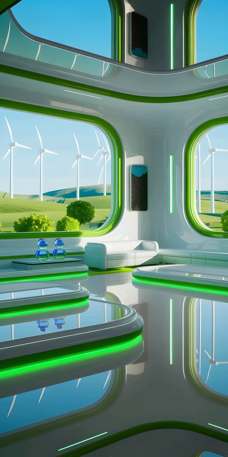 Download this Eco-Lounge 4K wallpaper for your iPhone, showcasing a futuristic interior with green accents and sleek surfaces. This beautiful wallpaper features wind turbines visible through large windows and eye-catching glass bottle decor.