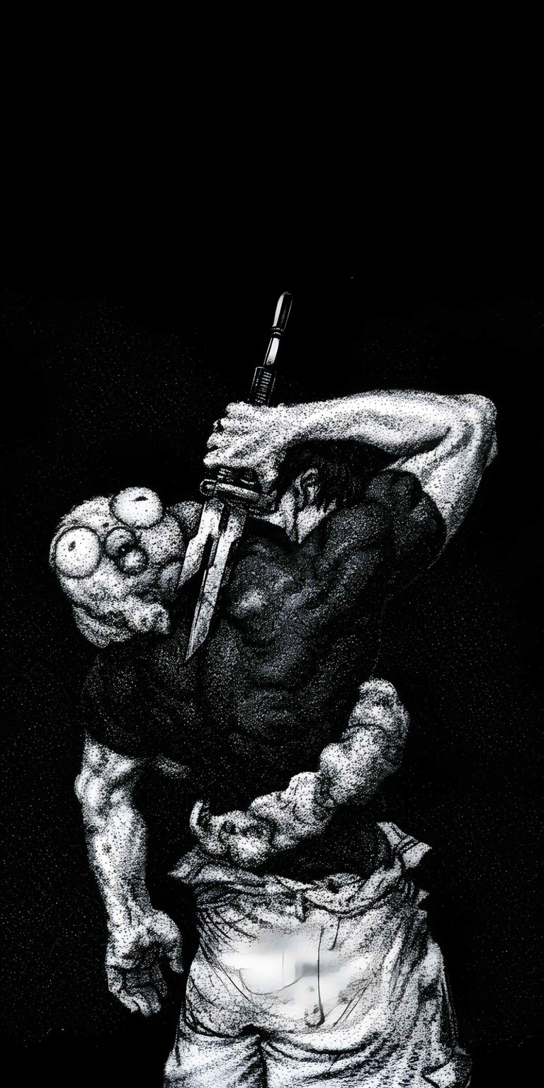 Featuring a gritty monochrome art style and muscular textures, this Berserk Zodd the Immortal 4K wallpaper is perfect for any mobile device. This dark manga wallpaper captures the brutal intensity of the Apostle Zodd in a high-contrast dagger pose.
