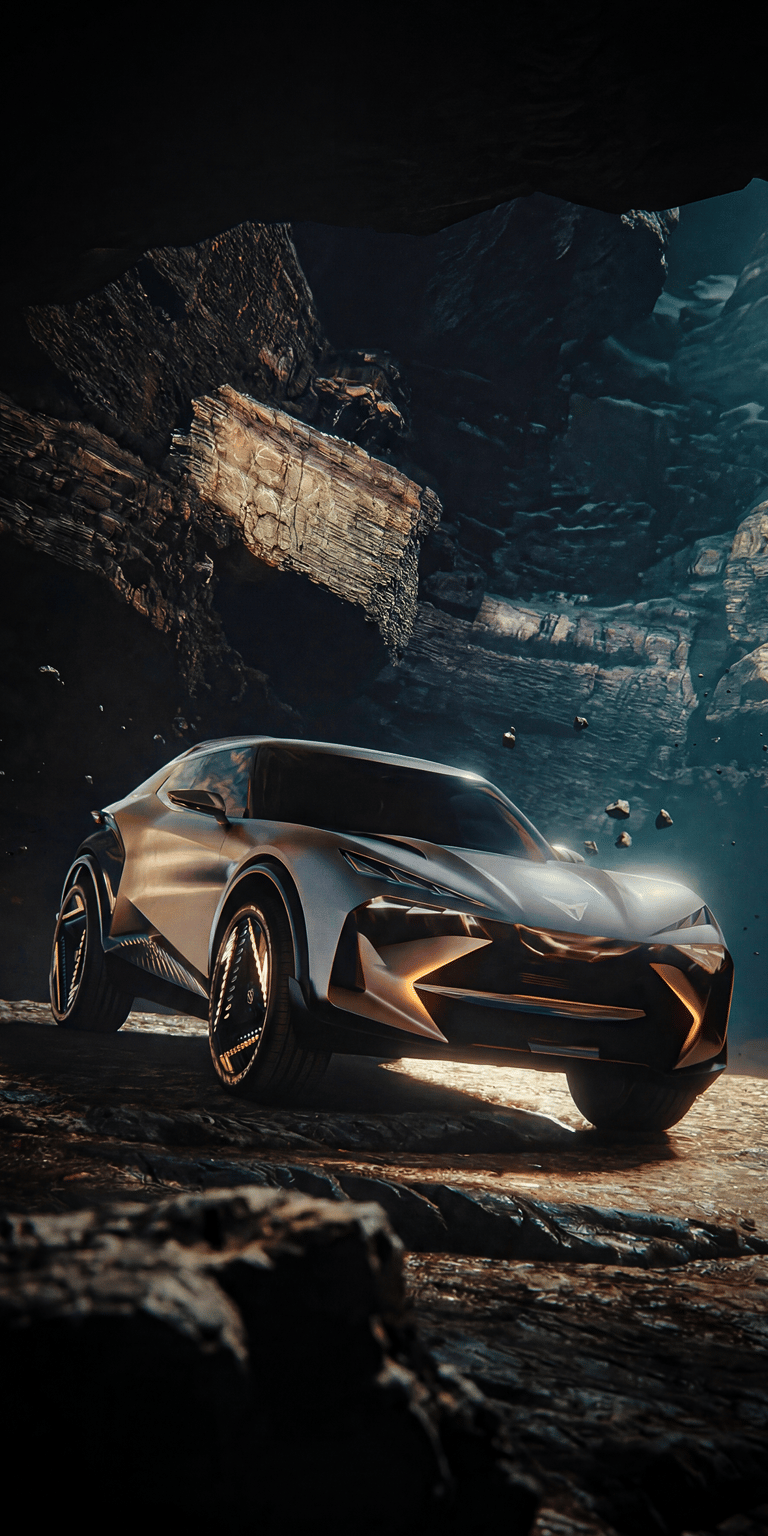 An atmospheric Cupra DarkRebel wallpaper featuring the car parked within a rugged, dark cave environment. This aesthetic wallpaper uses dramatic lighting to create a powerful look for your iPhone.