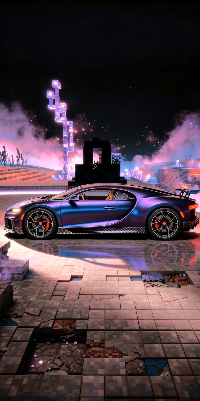 Experience luxury in another dimension with this Bugatti Chiron Super Sport showcased in the Minecraft "End" biome. The car features a stunning pearlescent purple finish that mirrors the obsidian pillars and purple End Stone structures in the background. Wispy magenta clouds and glowing end-rods create a surreal, dreamlike atmosphere for car and gaming fans alike.