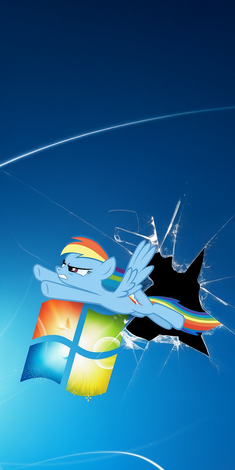 Download this Rainbow Dash 4K wallpaper for your iPhone, showcasing the character bursting through a shattered screen. Notice the vibrant colors of the Windows logo breaking apart, with a rainbow trail left behind by the flying pony, making for a unique wallpaper.