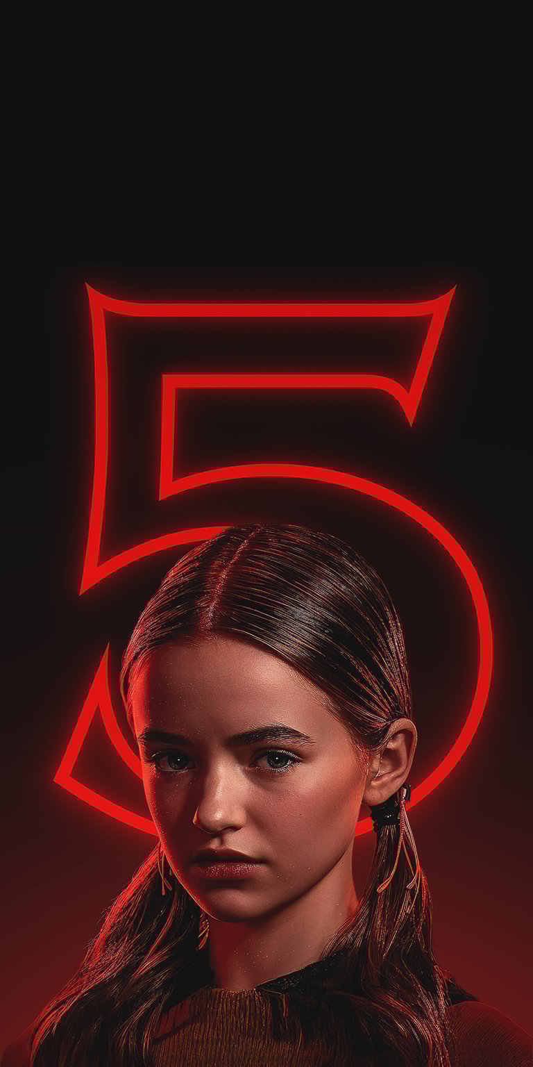 A unique 4K character portrait featuring Holly Wheeler (the youngest of the Wheeler family) in a serious, determined pose with her hair styled in pigtails/braids. She looks directly at the camera, dramatically illuminated by the massive, ominous red neon number '5', hinting at her potential future involvement or the escalating threat in the next season of Stranger Things.
