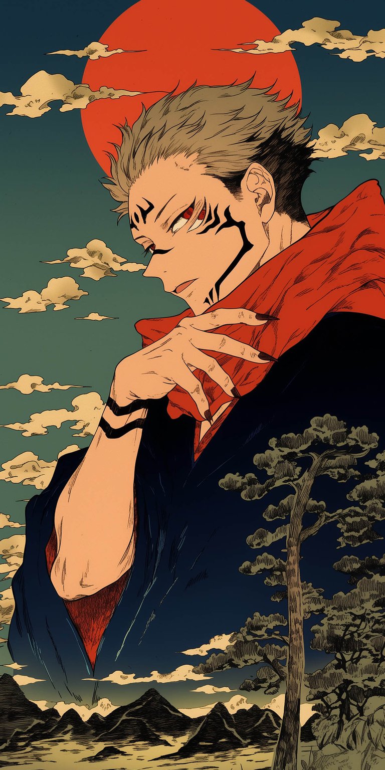 This Sukuna 4K wallpaper features a stunning ukiyo-e inspired aesthetic, perfect for an anime-themed iPhone lock screen. The artwork showcases bold red and deep blue tones with intricate line work set against a dramatic rising sun.