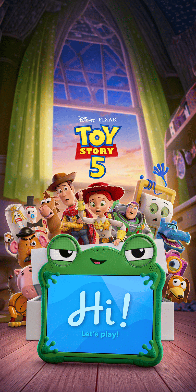 A cinematic Toy Story 5 wallpaper showcasing the beloved cast gathered in a bedroom setting. This movie wallpaper is optimized for your iPhone home screen.