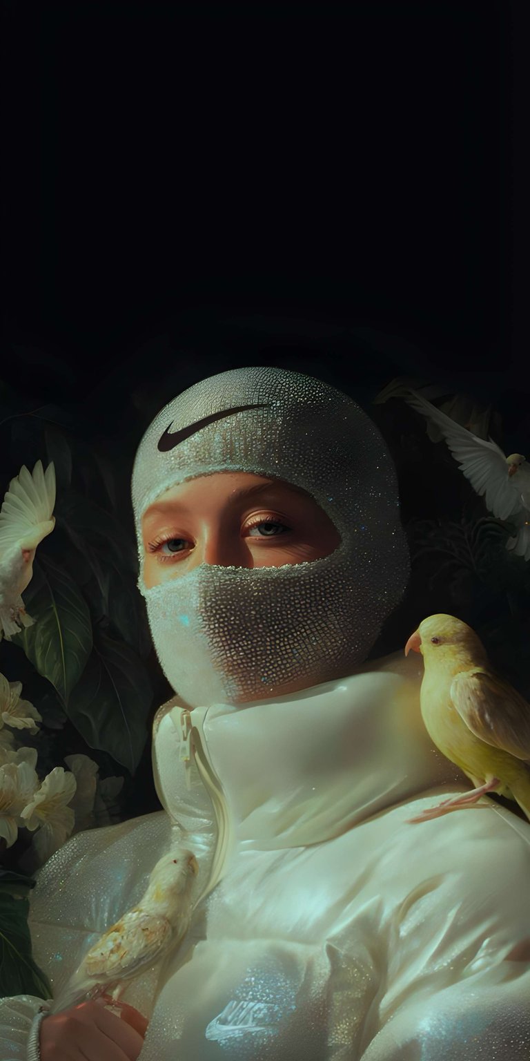 This striking OLED wallpaper features a person wearing a shimmering, bejeweled Nike balaclava and white puffer jacket surrounded by birds. Perfect for your iPhone, this wallpaper utilizes deep black levels and high-contrast pearlescent textures to create a high-fashion, ethereal mood.